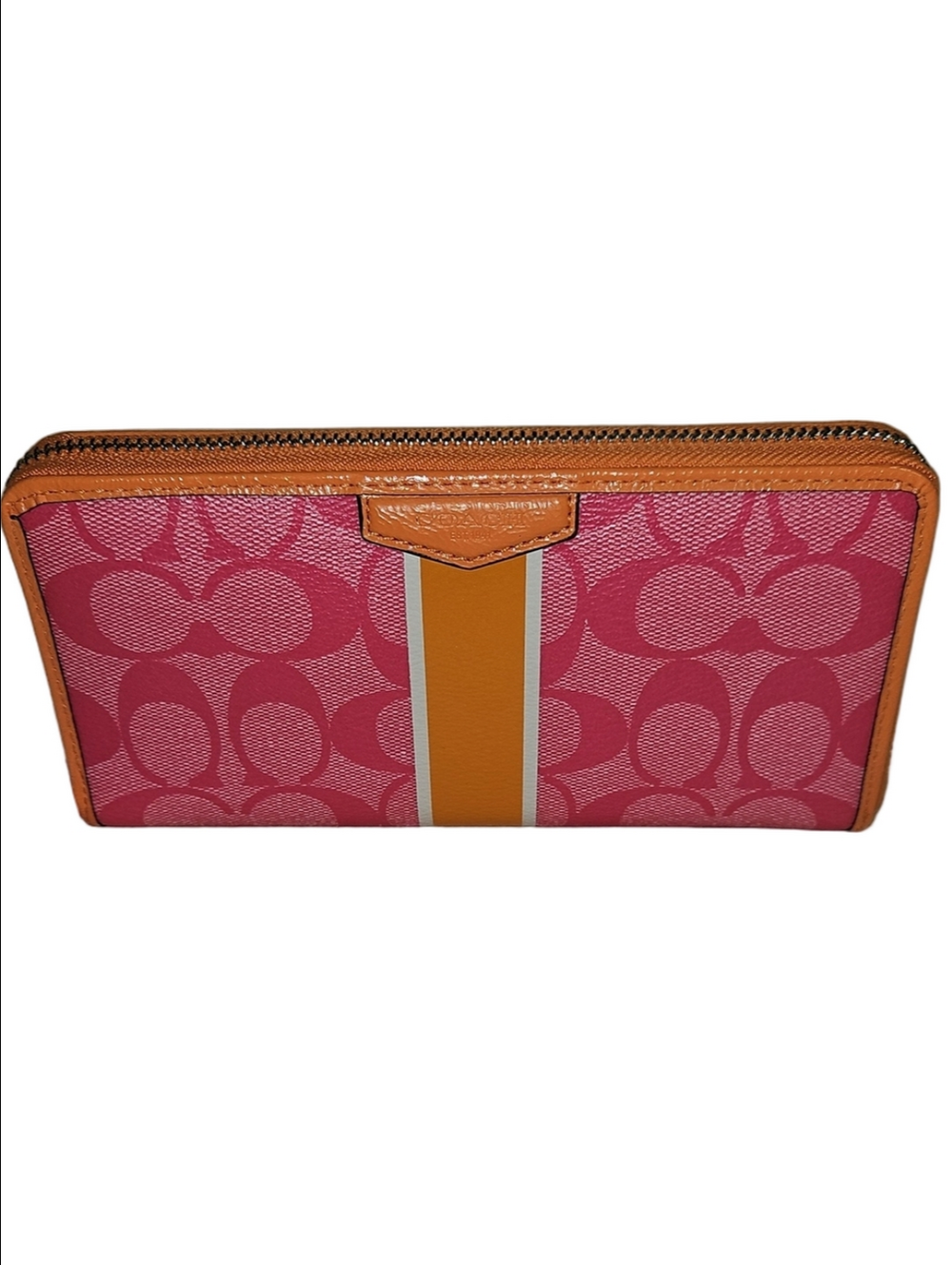 Coach Pink Signature Zip Wallet with Orange Trim - Picture 1 of 6